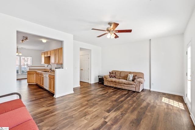 living room featuring ceiling fan, baseboards, and dark wood-style flooring