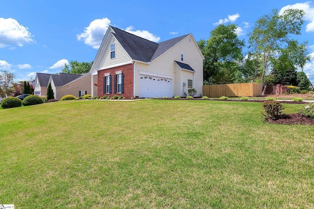 view of property exterior featuring fence, a lawn, and brick siding