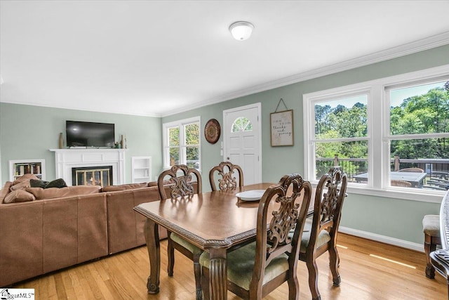 dining area featuring a glass covered fireplace, light wood-type flooring, baseboards, and ornamental molding