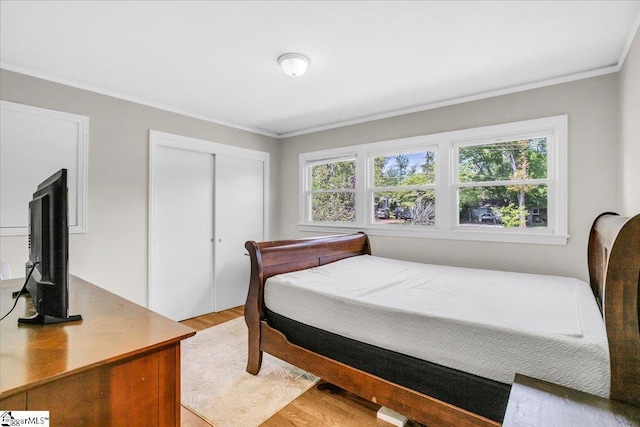 bedroom featuring light wood finished floors, a closet, and crown molding