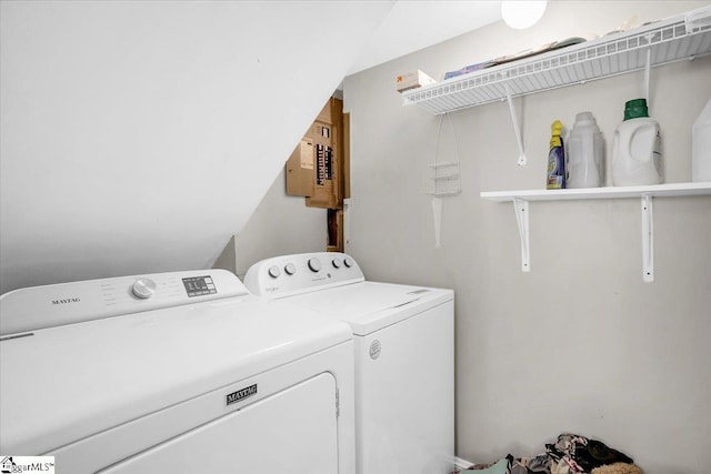 laundry room with washing machine and dryer, electric panel, and laundry area
