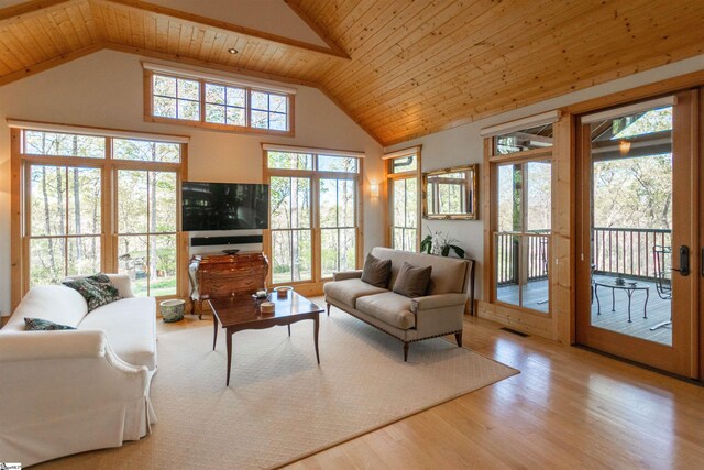 living room with high vaulted ceiling, wood finished floors, visible vents, and wood ceiling