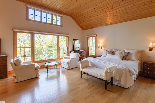bedroom with high vaulted ceiling, wooden ceiling, and light wood-type flooring