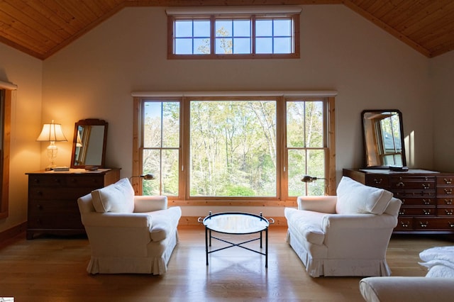 living room featuring wood finished floors, wood ceiling, and high vaulted ceiling