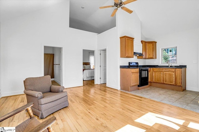 interior space with high vaulted ceiling, under cabinet range hood, light wood-style floors, and black range with electric stovetop