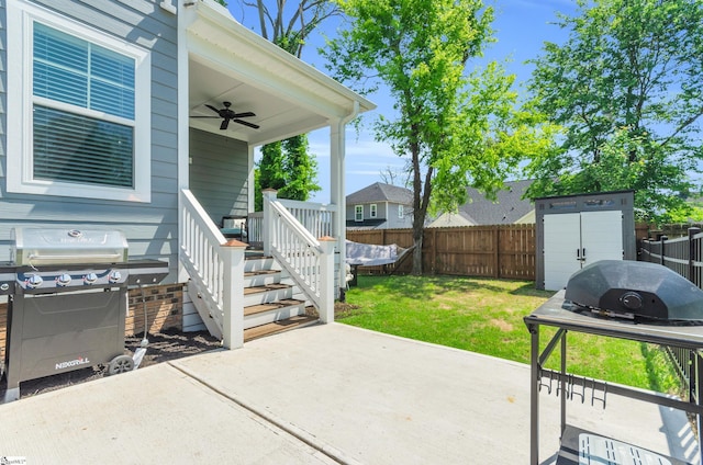 509 Dunbar St, Greenville, SC 29601 - view of patio / terrace featuring a storage unit, a ceiling fan, a fenced backyard, and a grill