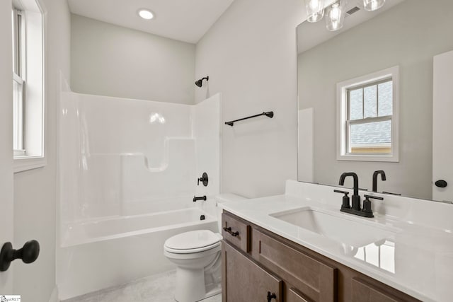 full bath featuring vanity, toilet, shower / bathtub combination, tile patterned flooring, and visible vents