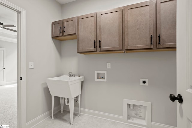 laundry area with hookup for an electric dryer, hookup for a washing machine, baseboards, cabinet space, and ceiling fan