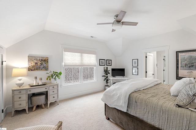 bedroom featuring light colored carpet, ceiling fan, lofted ceiling, and visible vents