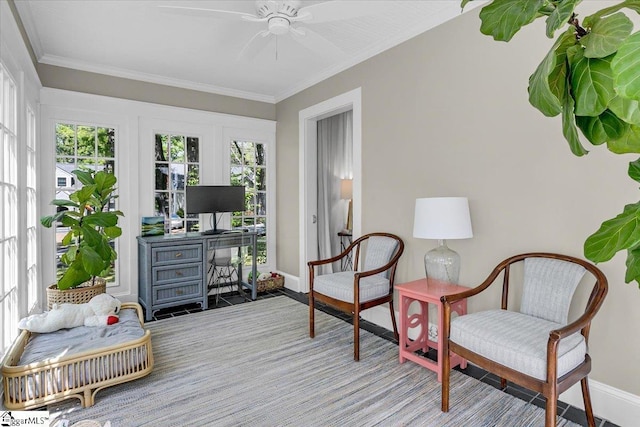 living area featuring a healthy amount of sunlight, ornamental molding, baseboards, and ceiling fan