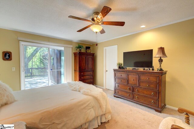 bedroom featuring ceiling fan, light carpet, baseboards, and access to outside