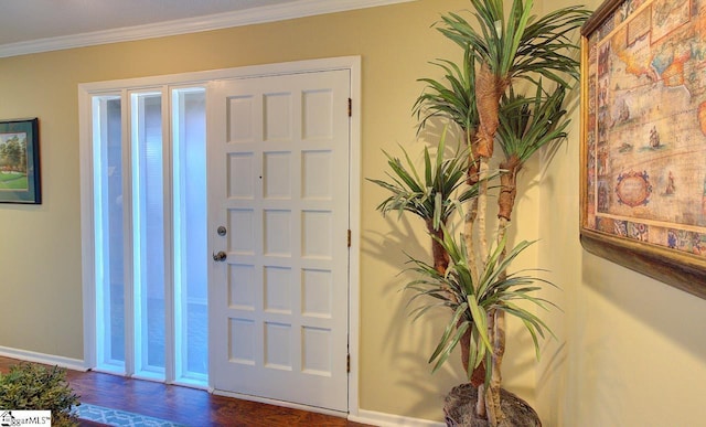 entrance foyer with baseboards, dark wood-type flooring, and ornamental molding