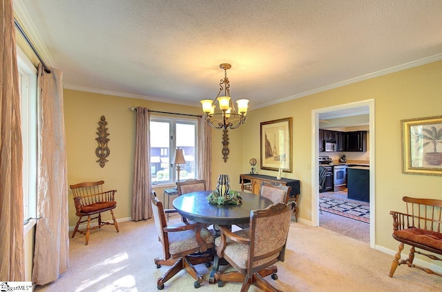 dining room with light carpet, baseboards, a notable chandelier, and crown molding
