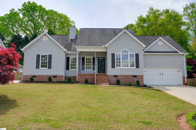 ranch-style home featuring a shingled roof, concrete driveway, crawl space, a porch, and a front yard