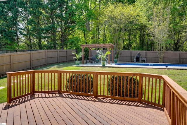 wooden terrace with a fenced backyard, a pergola, a fenced in pool, and a lawn