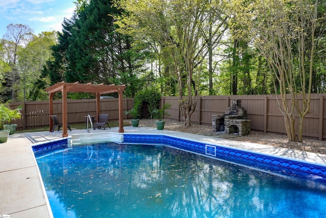 view of pool with a fenced backyard, a pergola, a patio area, and a fenced in pool