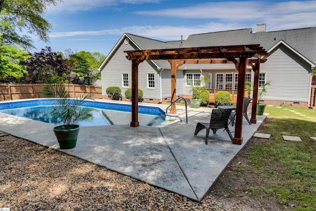 view of swimming pool featuring a pergola, a fenced in pool, a patio area, and a fenced backyard