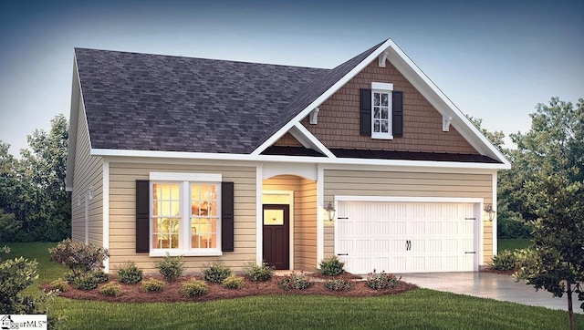 417 Fiery Rd Lot 0195, Mauldin, SC 29607 - view of front facade with a shingled roof, a garage, concrete driveway, and a front yard