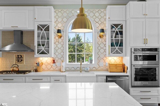 kitchen with wall chimney exhaust hood, a sink, white cabinetry, decorative backsplash, and appliances with stainless steel finishes