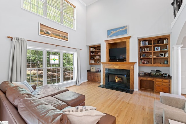 361 E Killarney Lk, Moore, SC 29369 - living area with crown molding, a high ceiling, a warm lit fireplace, and light wood-style floors