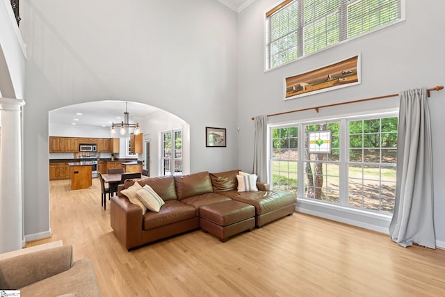 361 E Killarney Lk, Moore, SC 29369 - living area with a chandelier, light wood-style floors, arched walkways, a towering ceiling, and ornamental molding