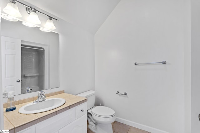 361 E Killarney Lk, Moore, SC 29369 - full bath featuring lofted ceiling, tile patterned flooring, toilet, vanity, and a shower