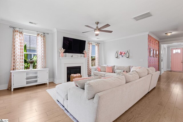 309 Nebbiolo Ln, Simpsonville, SC 29681 - living room featuring crown molding, plenty of natural light, a ceiling fan, and hardwood / wood-style floors