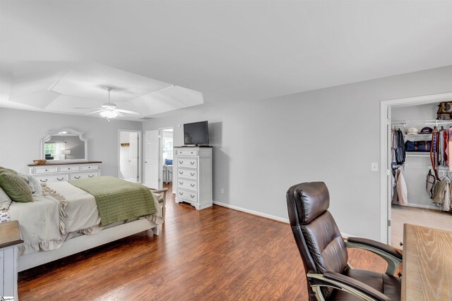 bedroom featuring a ceiling fan, wood finished floors, a closet, a walk in closet, and a tray ceiling