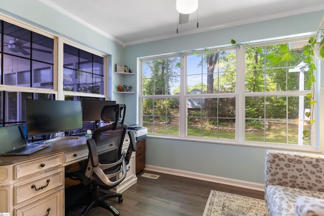 office space featuring visible vents, a ceiling fan, dark wood-type flooring, crown molding, and baseboards