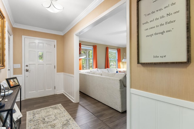 foyer with wood finished floors, crown molding, and wainscoting