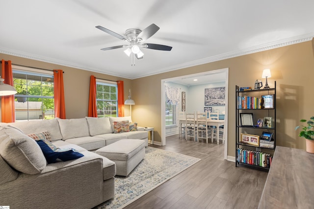 living area featuring baseboards, wood finished floors, ceiling fan, and crown molding