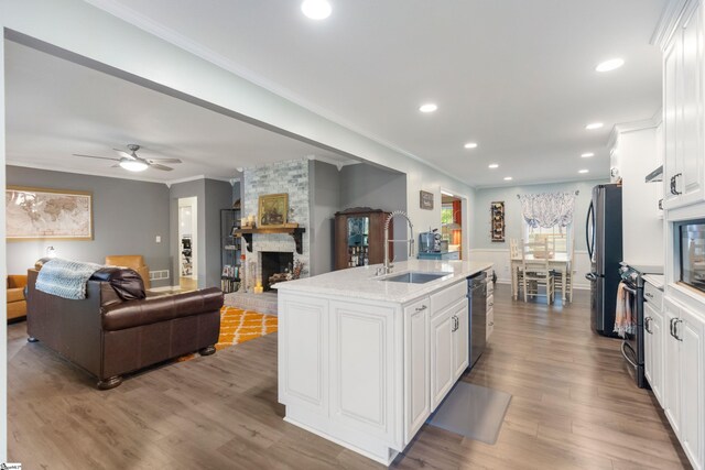 kitchen featuring white cabinets, stainless steel appliances, a sink, a stone fireplace, and ornamental molding