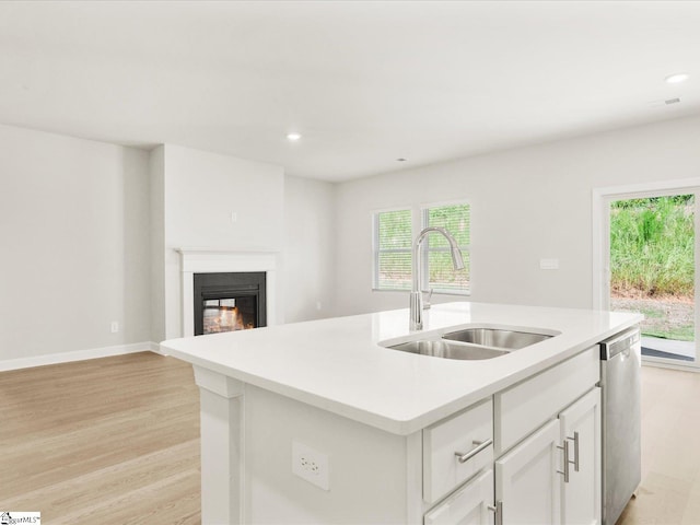 225 Maxwell Dr, Easley, SC 29642 - kitchen with a sink, dishwasher, light wood-style floors, a glass covered fireplace, and light countertops