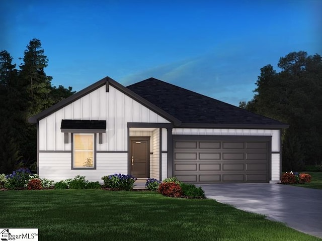 view of front of property featuring driveway, a front yard, board and batten siding, and a garage