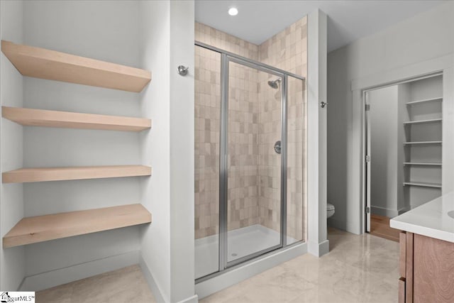 204 Tot Howell Rd, Greer, SC 29651 - full bathroom featuring recessed lighting, toilet, vanity, baseboards, and a stall shower