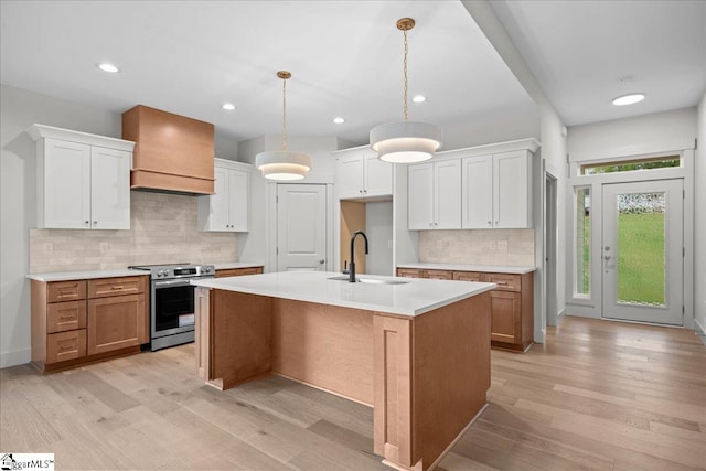 204 Tot Howell Rd, Greer, SC 29651 - kitchen featuring backsplash, stainless steel range with electric cooktop, a sink, and light wood finished floors