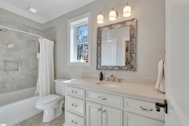 bathroom featuring shower / bath combination with curtain, toilet, crown molding, and vanity