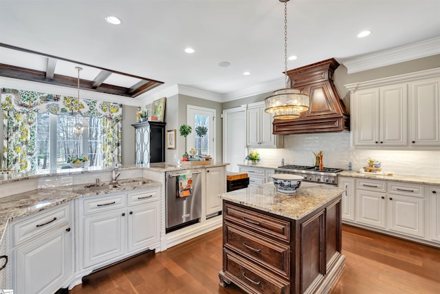 kitchen with dishwasher, custom exhaust hood, a sink, and dark wood-style flooring