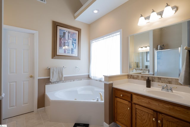 103 Graclan Ct, Simpsonville, SC 29680 - bathroom with a bath, a shower with door, vanity, and tile patterned flooring