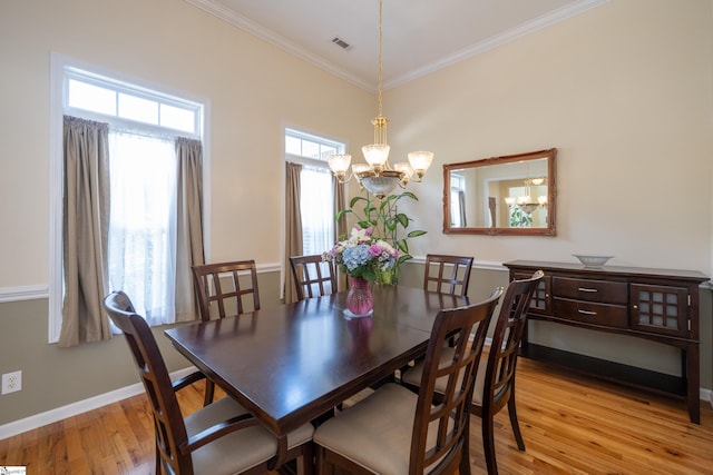 103 Graclan Ct, Simpsonville, SC 29680 - dining space featuring light wood-style flooring, baseboards, visible vents, an inviting chandelier, and ornamental molding