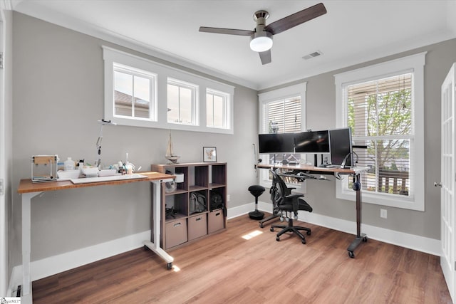 200 Noble St, Greer, SC 29651 - office space featuring a ceiling fan, wood finished floors, baseboards, ornamental molding, and visible vents