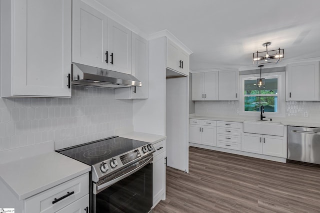 181 Skyland Dr, Clinton, SC 29325 - kitchen with under cabinet range hood, stainless steel appliances, light countertops, a sink, and tasteful backsplash