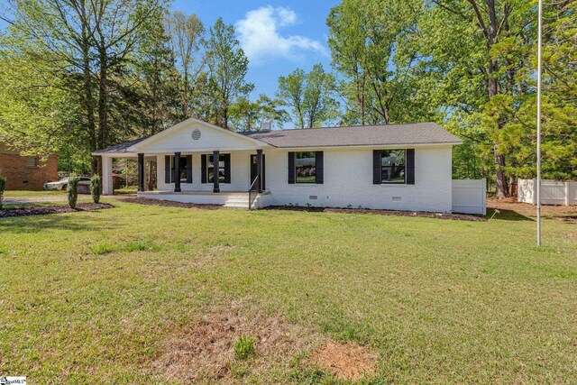 181 Skyland Dr, Clinton, SC 29325 - ranch-style home featuring a front lawn, brick siding, crawl space, and covered porch