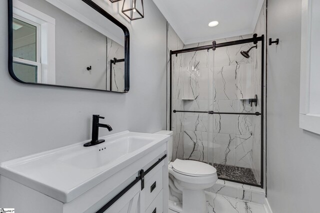 181 Skyland Dr, Clinton, SC 29325 - bathroom with marble finish floor, vanity, a marble finish shower, and toilet