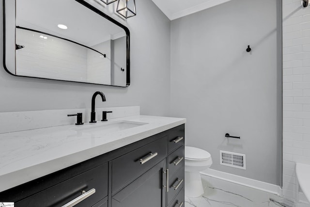 181 Skyland Dr, Clinton, SC 29325 - full bathroom featuring toilet, baseboards, visible vents, marble finish floor, and vanity