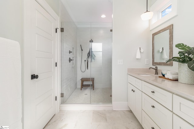 827 S Academy St, Greenville, SC 29601 - full bathroom with recessed lighting, marble finish floor, vanity, baseboards, and a stall shower