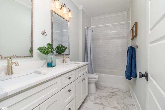 827 S Academy St, Greenville, SC 29601 - bathroom featuring double vanity, marble finish floor, ornamental molding, and a sink