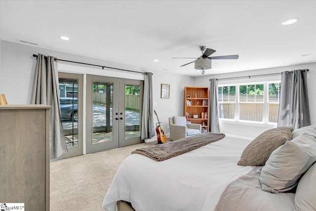 carpeted bedroom with french doors, visible vents, recessed lighting, a ceiling fan, and access to outside