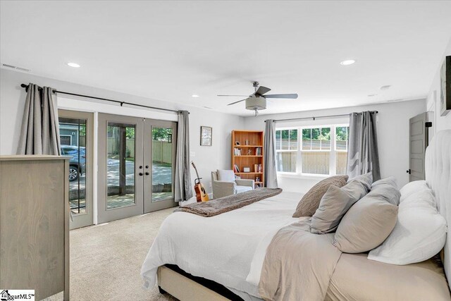 bedroom featuring recessed lighting, visible vents, access to exterior, french doors, and carpet floors