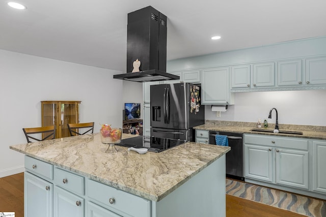 108A Holt Dr, Iva, SC 29655 - kitchen featuring island range hood, a sink, a kitchen island, black appliances, and dark wood-style flooring